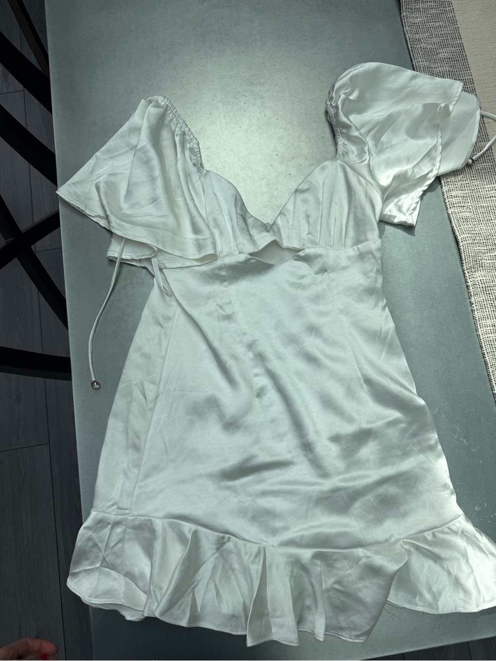 Selfie Leslie White Satin Ruffle Mini Dress